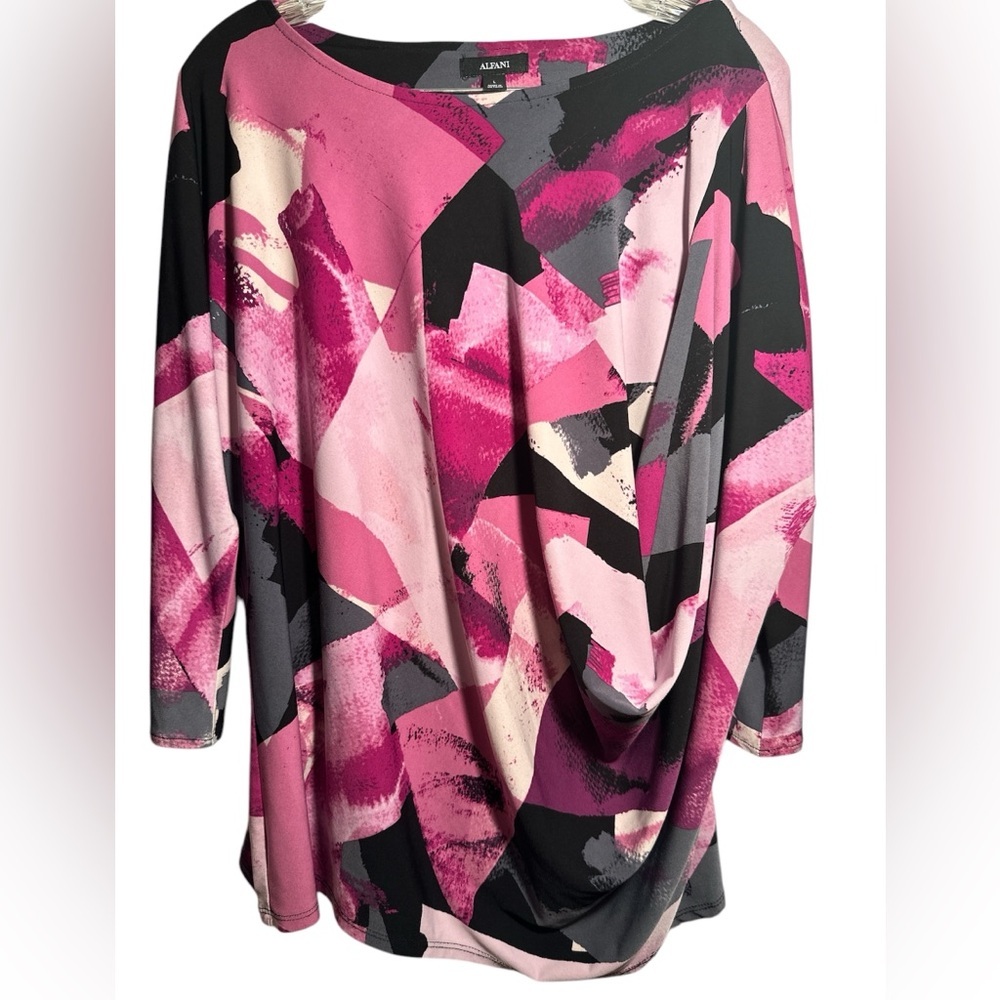 ALFANI Women's Purple Printed 3/4 Sleeve‎ Jewel Neck Stretch Draped